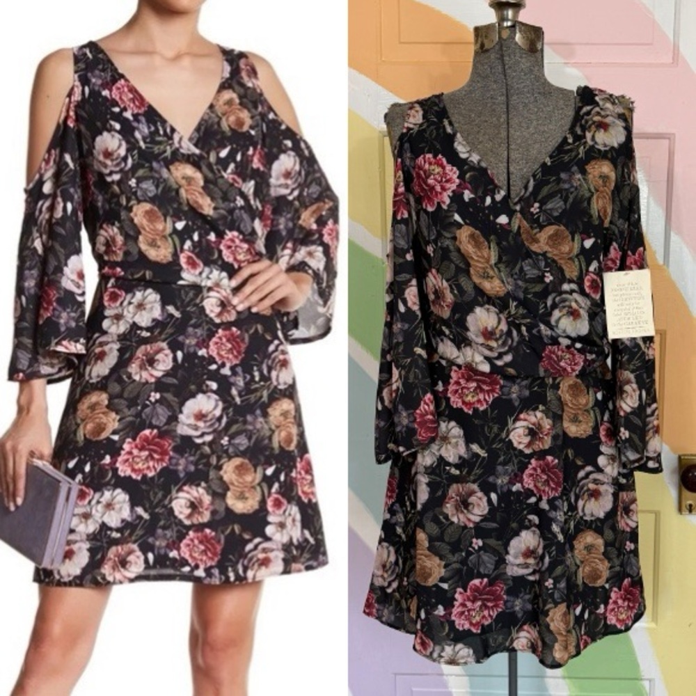 NWT Alexia Admore Cold Shoulder Faux Wrap Floral Mini Dress Sz Small 💚🍄